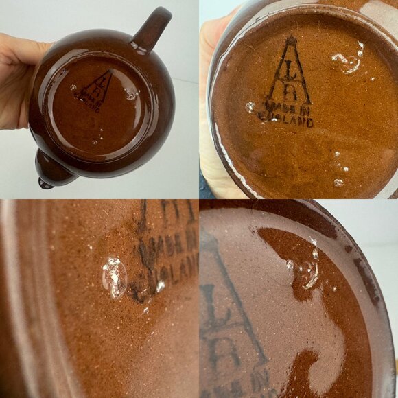 Vtg Single Serve Brown Genuine Old English Redware Teapot w Green Tan Stripes - Picture 7 of 13